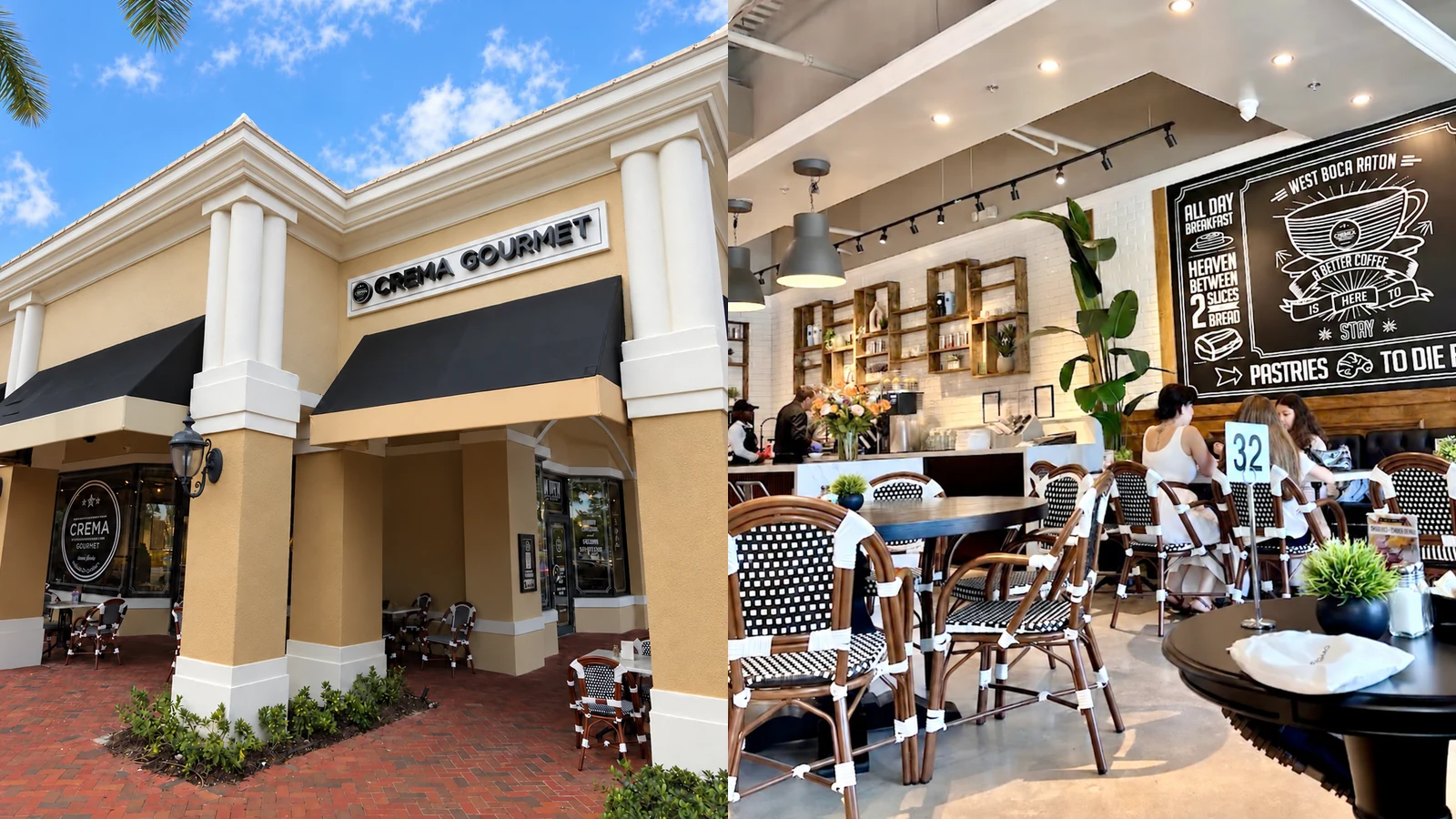 Business-supplied views of Crema Gourmet West Boca’s storefront and dining area
